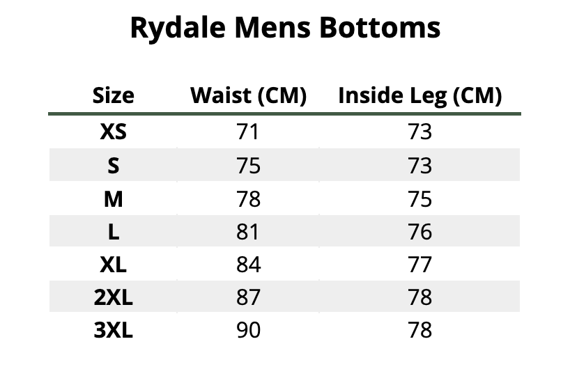 2025 Rydale Mens Bottoms  Size Chart